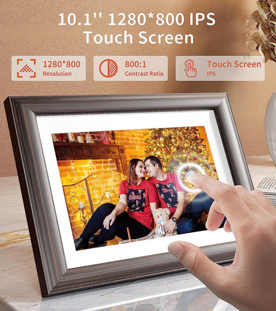 Cornice Digitale Wifi Da 10 Pollici, Festa Della Papà Set Regalo, Doppia Cornice Rimovibile IPS Schermo Touch HD Con 16 Gb-Noce, Rotazione Automatica, Condivisione Di Foto O Video, Regalo per Neonato