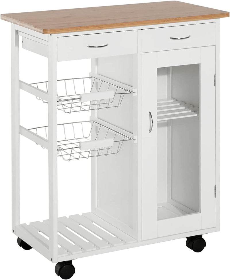 Carrello Da Cucina Rotelle, Cassetti E 2 Cesti in Legno Di Pino, Bianco, 70 X 37 X 85Cm