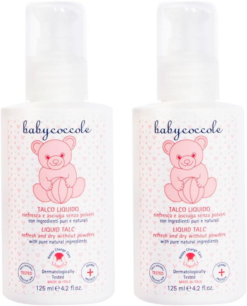 Babycoccole KIT 2 PEZZI TALCO LIQUIDO BAMBINI. Talco Non Talco, Previene Arrossamenti Da Pannolino, Asciuga E Rinfresca La Pelle Dopo Il Bagnetto, Regola Naturalmente La Sudorazione. 2X125Ml