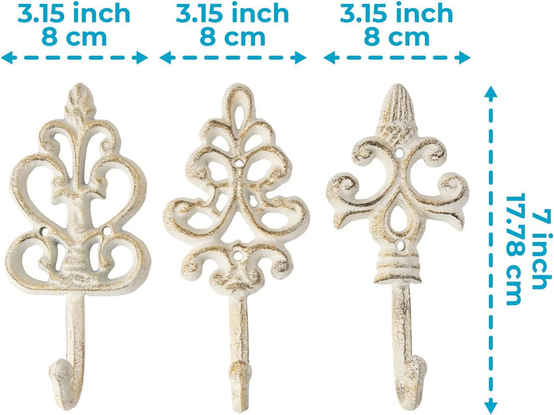 Ganci Decorativi in Ghisa Shabby Chic - Rustico - Dorato - Bianco Rustico - Metallico - Fascino Di Campagna Francese - Grandi Ganci Decorativi Appesi - Set Di 3 -Viti E Ancore per Il Montaggio Incluso