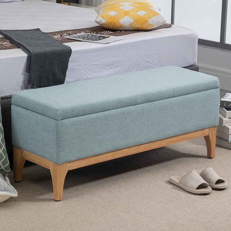 Panca Imbottita Contenitore in Tessuto Effetto Lino E Legno per Ingresso, Panca Fondo Letto Design Scandinavo, 110X39X45Acm, Azzurro