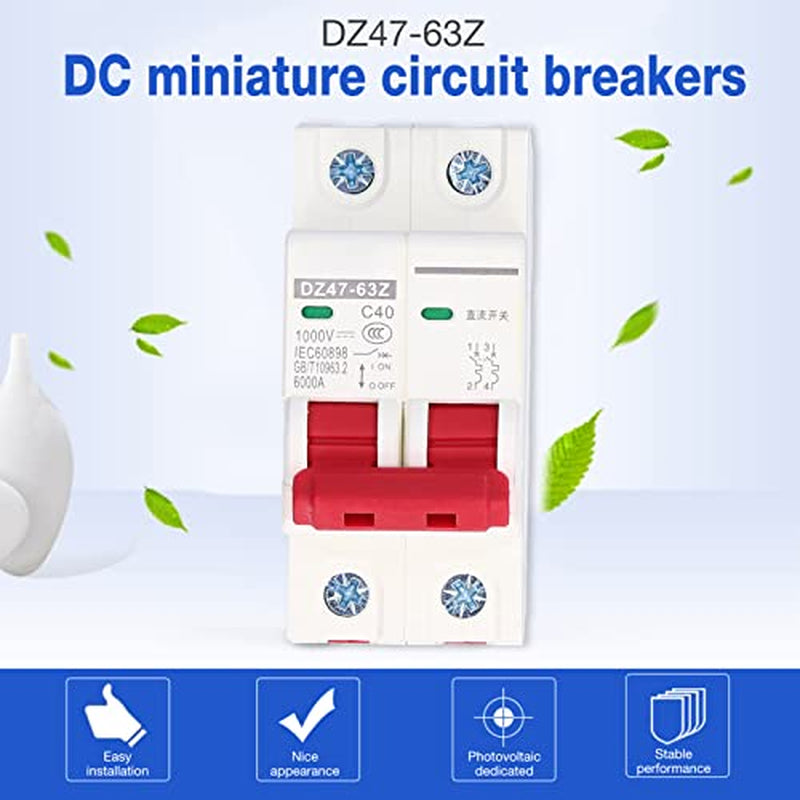 Interruttore Magnetotermico DC 2P Isolatore Di Circuito 1000V 40A Fotovoltaico Isolatore Sezionatore per Montaggio Su Guida DIN DZ47‑63Z Interruttore DC C40