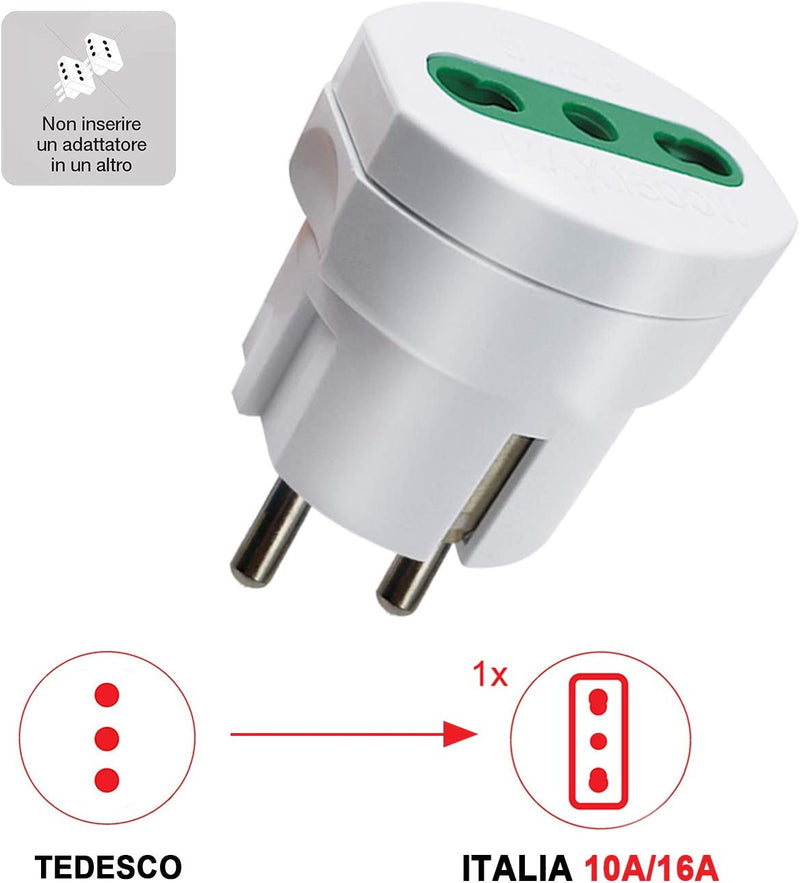 Confezione Da 4 Adattatori Presa Italiana (10/16A) Spina Schuko per I Viaggi in Germania, Spagna, Portogallo, Austria, Grecia, Turchia