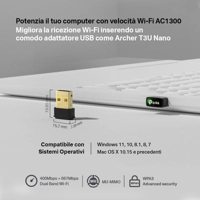 [Nuovo]  Archer T3U Nano Adattatore USB Scheda Di Rete, Wireless Dual-Band Wifi Ac1300Mbps, Nano Size, USB 3.0, MU-MIMO, Supporto Windows, Mac OS X