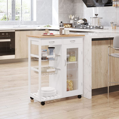 Carrello Da Cucina Rotelle, Cassetti E 2 Cesti in Legno Di Pino, Bianco, 70 X 37 X 85Cm