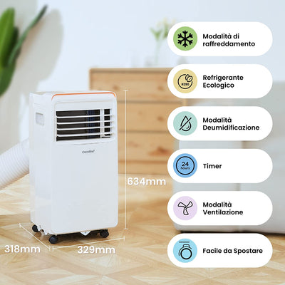 Condizionatore Portatile 7000 BTU/H, AMBRA 8C, 2,0Kw, 25㎡/68M³, 3-In-1 Climatizzatore Portatile, Ventilatore, Raffreddamento, Deumidificazione, 24H Timer, Sleep Mode, Funzione Follow-Me