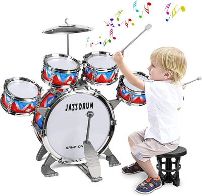 Batteria per Bambini, Set Di Batteria Jazz per Bambini Giocattoli 5 Tamburi Strumento a Percussione Con Sgabello Tamburo Compleanno Educazione Precoce Regalo Di Natale per 3 4 5 6 Anni Ragazze Ragazzi