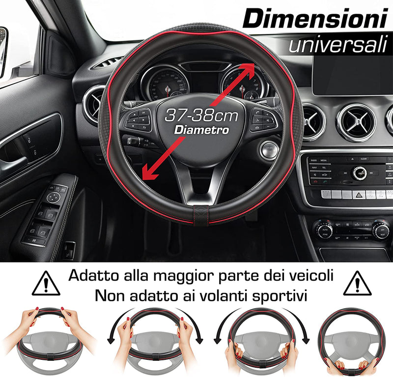 Coprivolante Auto Universale Nero Rosso in Finta Pelle | Copertura Di Volante Diametro 37-39 Cm | Accessori Auto Interno | Regali per Donna E Uomo