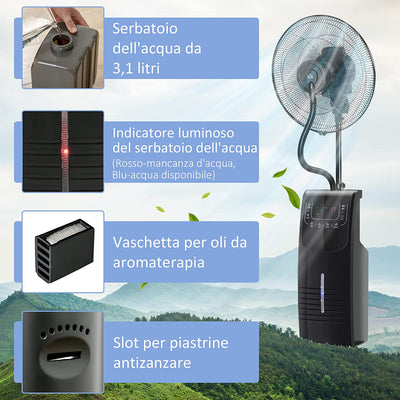 Ventilatore Nebulizzatore Con Telecomando Da 5M, Timer 12H E Oscillazione 70°, 3 Velocità, 3 Funzioni E Antizanzare, Tanica 3.1L, 90W, Ф44.5X135Cm Nero