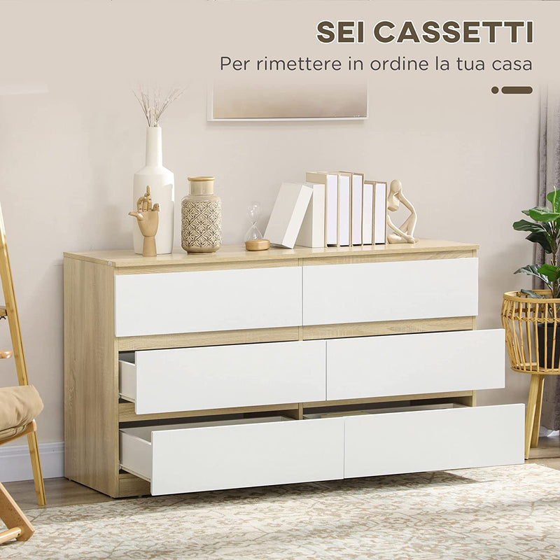 Cassettiera 6 Cassetti Moderna in Legno, Mobile Cassettiera per Camera Da Letto 135X48X77Cm, Bianco E Legno