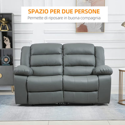 Divano 2 Posti Reclinabile Di 135° E Imbottito Con Schienale Diviso E Poggiapiedi Incluso, in Pelle PVC E Acciaio, 168X93X102 Cm, Grigio