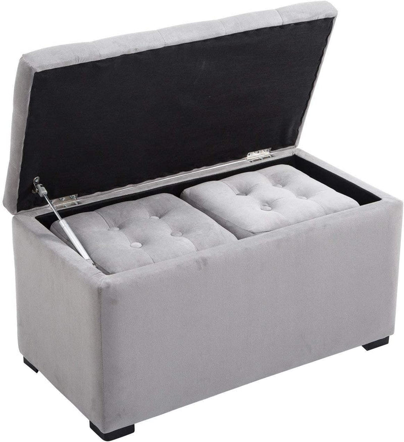 Cassapanca Portaoggetti Set Di 3 Pezzi Con 2 Sgabelli Pouf in Velluto, Grigio Perla