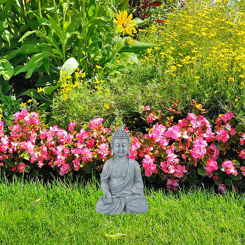 Statua Del Buddha Seduto, 30Cm Da Giardino E Soggiorno, in Poliresina, Impermeabile Anti-Gelo Grigio Chiaro