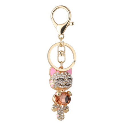 Fashion Enamel Lucky Cat Crystal Keychain Alloy Keyring for Women Party Gift Key Chains