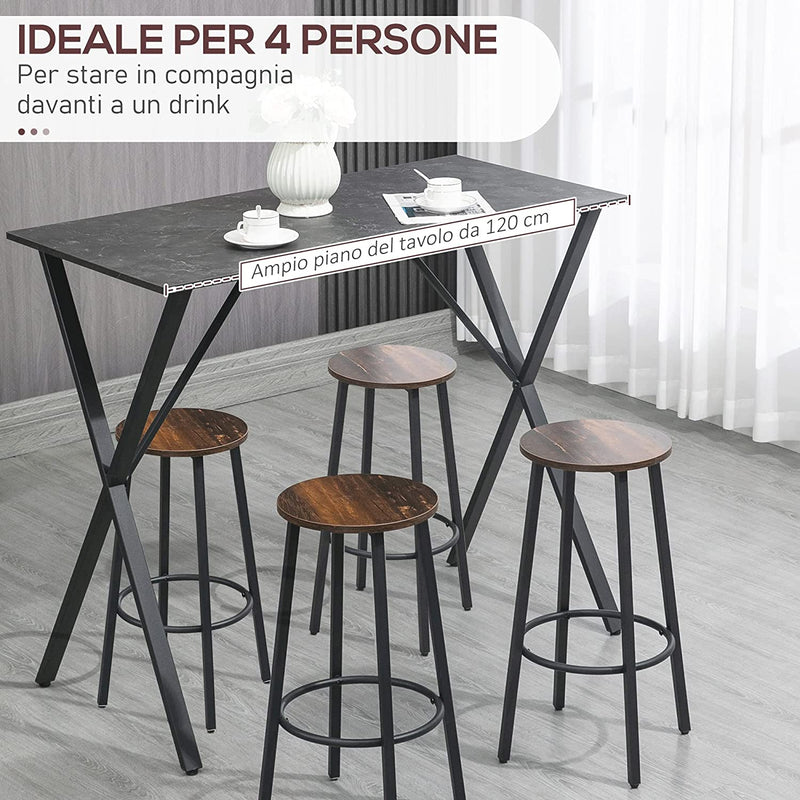 Bancone Bar Stile Moderno Industriale,Tavolo Alto Da Cucina Effetto Marmo in Legno E Acciaio, 120 X 60 X 102 Cm, Nero