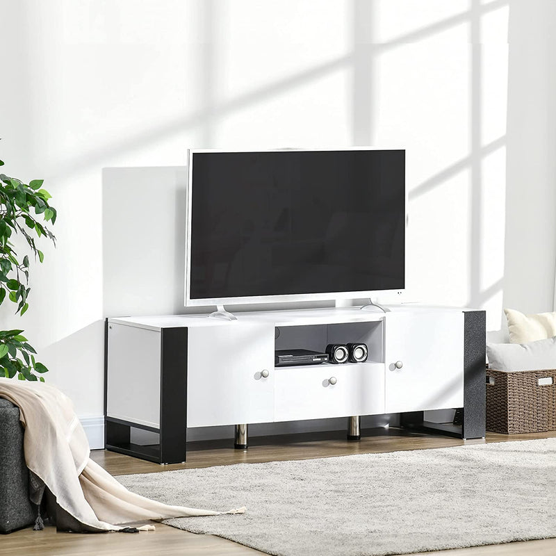 Mobile TV Moderno Con Armadietti, Cassetto E Mensola, Mobiletto Basso in Legno per TV Fino 65", 140X43X48Cm, Bianco E Nero