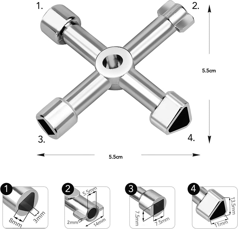 4-Modi Chiave Di Utility Chiave Di Utilità Multifunzionale Lega Di Zinco Chiave Contatore per Elettrico Acqua Gas Metro Scatola Armadio Cabinet, Argento