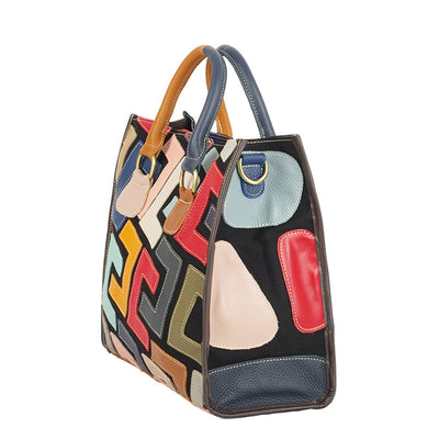 Color Contrast Geometric Pattern Stitching Crossbody Leather Handbag