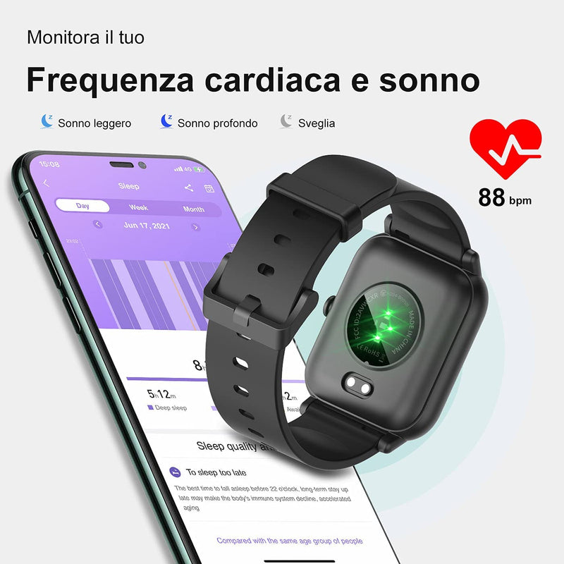 Smartwatch Uomo Donna,Orologio Fitness Con Contapassi Saturimetro (Spo2) Sonno Cardiofrequenzimetro Da Polso, Activity Tracker Sport Impermeabile 5ATM per Android Ios(2 Cinturini)