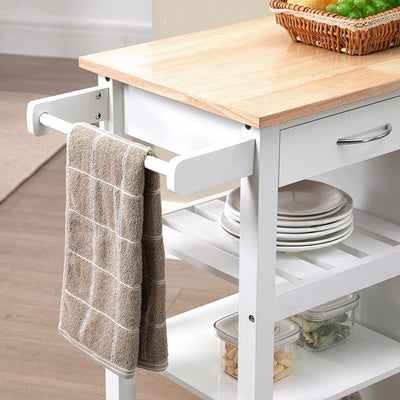 Carrello Da Cucina a 4 Ruote Con 1 Cassetto, 1 Armadietto, 1 Ripiano Aperto a 3 Livelli E 1 Portasciugamani, in MDF E Acciaio, 92X40X84 Cm, Bianco