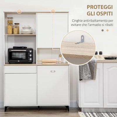 Dispensa Cucina in Truciolato E MDF Con Ripiani Aperti, Armadietti E Cassetto per Utensili Ed Elettrodomestici, 119X41X180 Cm, Bianco