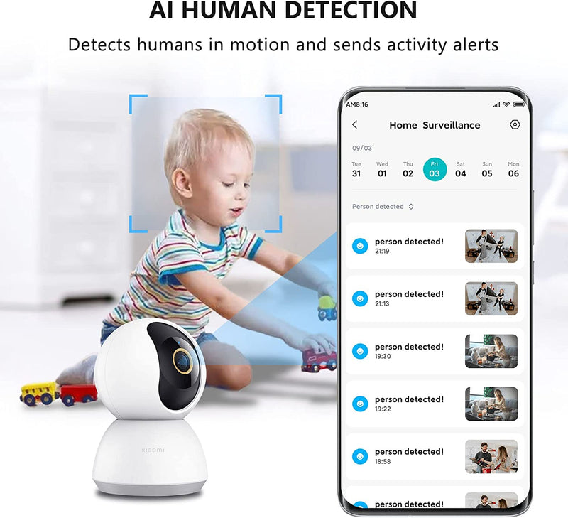 Mi Smart Camera C300 2K, Telecamera Wifi Interno Sorveglianza, Rilevamento Umano Intelligente AI, Risoluzione 2K, Rilevamento Umano Con IA -Lente 6P Apertura F1.4, Bianco