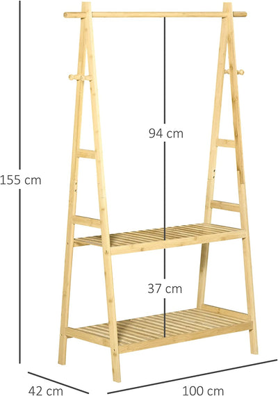 Stand Appendiabiti Con 2 Scaffali E 4 Ganci Laterali, Struttura in Bambù, 100L X 42P X 155Acm, Color Legno