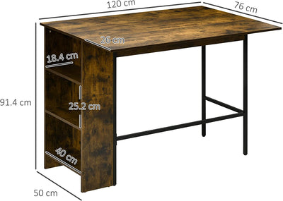 Bancone Bar Pieghevole in Stile Industriale Con Scaffale a 3 Ripiani, Tavolo Alto in Legno E Acciaio 120X76X91.4Cm