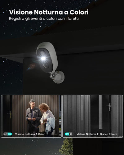 2K Telecamera Wi-Fi Interno / Esterno Batteria Senza Fili, Videocamera Sorveglianza Con Visione Notturna a Colori, Allarme Con Rilevamento Del Movimento, Sirena, IP65, Audio a 2 Vie, Sd/Cloud