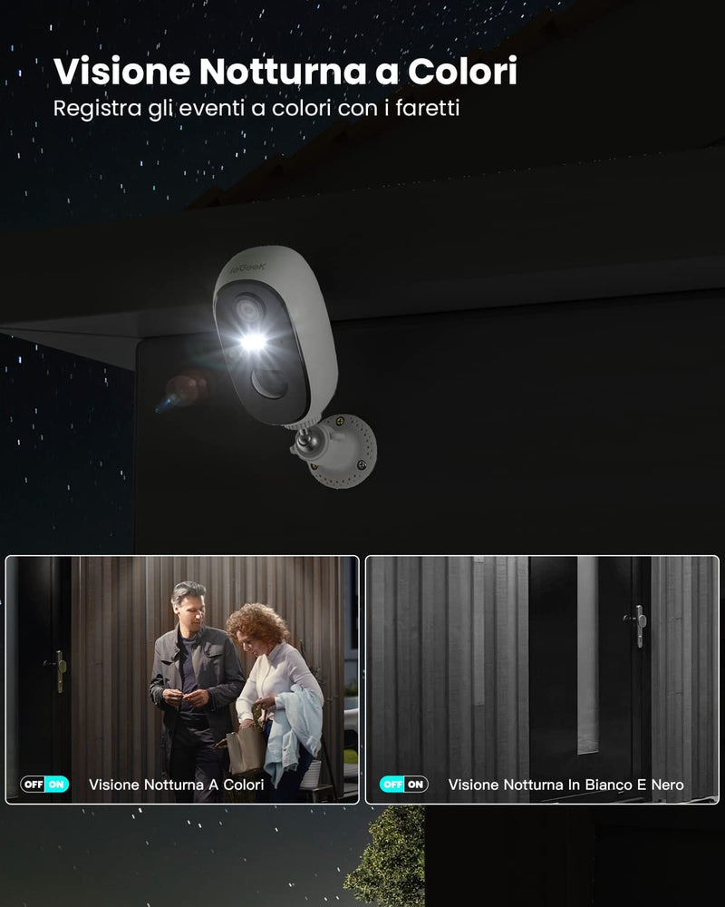 2K Telecamera Wi-Fi Interno / Esterno Batteria Senza Fili, Videocamera Sorveglianza Con Visione Notturna a Colori, Allarme Con Rilevamento Del Movimento, Sirena, IP65, Audio a 2 Vie, Sd/Cloud