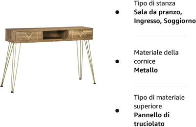 Tavolo Consolle in Truciolato E Acciaio per Ingresso E Soggiorno Con Piano D'Appoggio, Ripiano Aperto E 2 Cassetti, 120X29X79 Cm, Bronzo