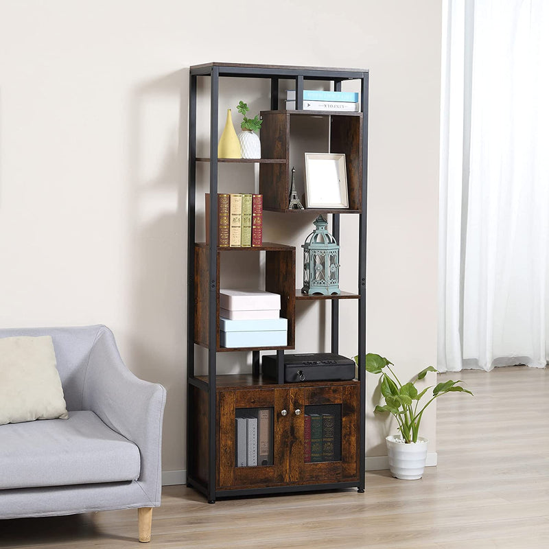 Mobile Libreria in Stile Industriale Con Armadietto a 2 Ante, Scaffale a 8 Ripiani per Casa E Ufficio, 70X30X180Cm, Marrone