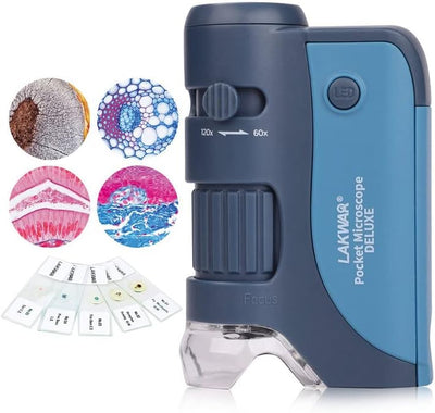 Microscopio Portatile per Bambini 60-120X, Mini Microscopio Tascabile Illuminato LED & UV, Con Vetrini per Microscopio Preparati 5