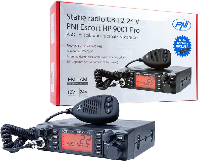 Radio CB  Escort HP 9001 PRO ASQ Regolabile, AM-FM, 12V / 24V, 4W, Scan, Dual Watch, ANL, Display Multicolore