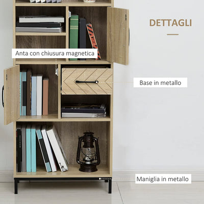 Scaffale Libreria Da Parete Con Ante E Cassetti in Legno, Design Moderno, 60 X 30 X 150Cm