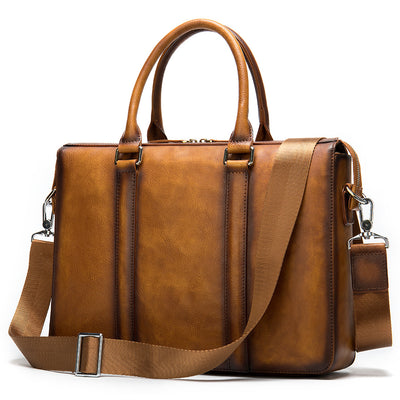 Men'S Simple Solid Color Leather Briefcase