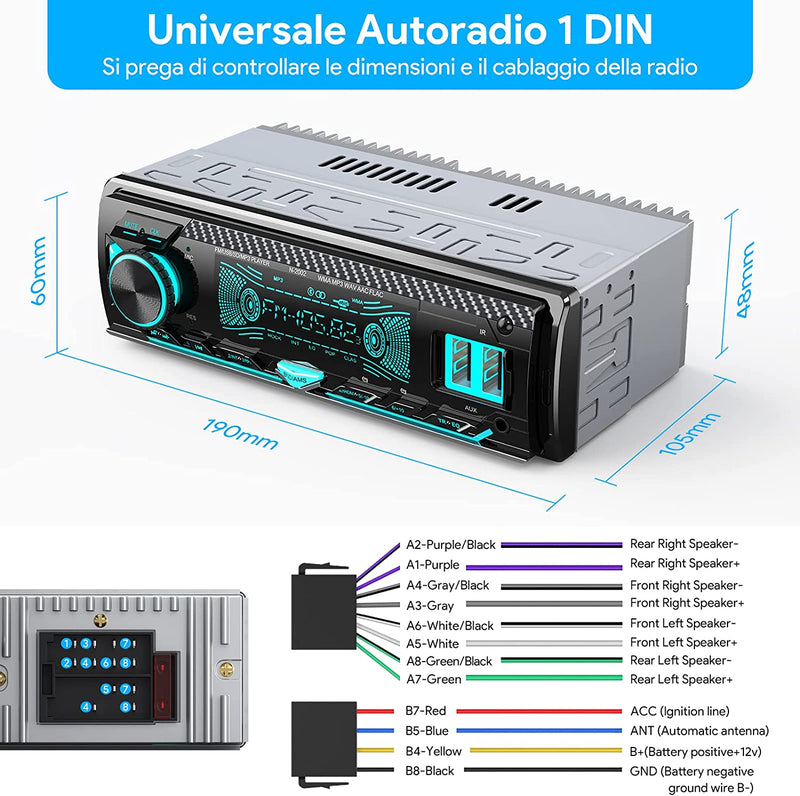 RDS Autoradio Bluetooth Vivavoce,  1 DIN Universale Auto Radio Stereo Con Volante Telecomando, 4 X 65W Autoradio Con Lettore MP3 E Due Porte USB, Supporta FM/AUX/TF/WMA/WAV, 7 Luci Colori