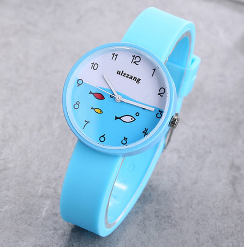 Children Watch for Girls Color Silicone Strap Fashion Quartz Wristwatch Fish Dial Cartoon Kids Clock