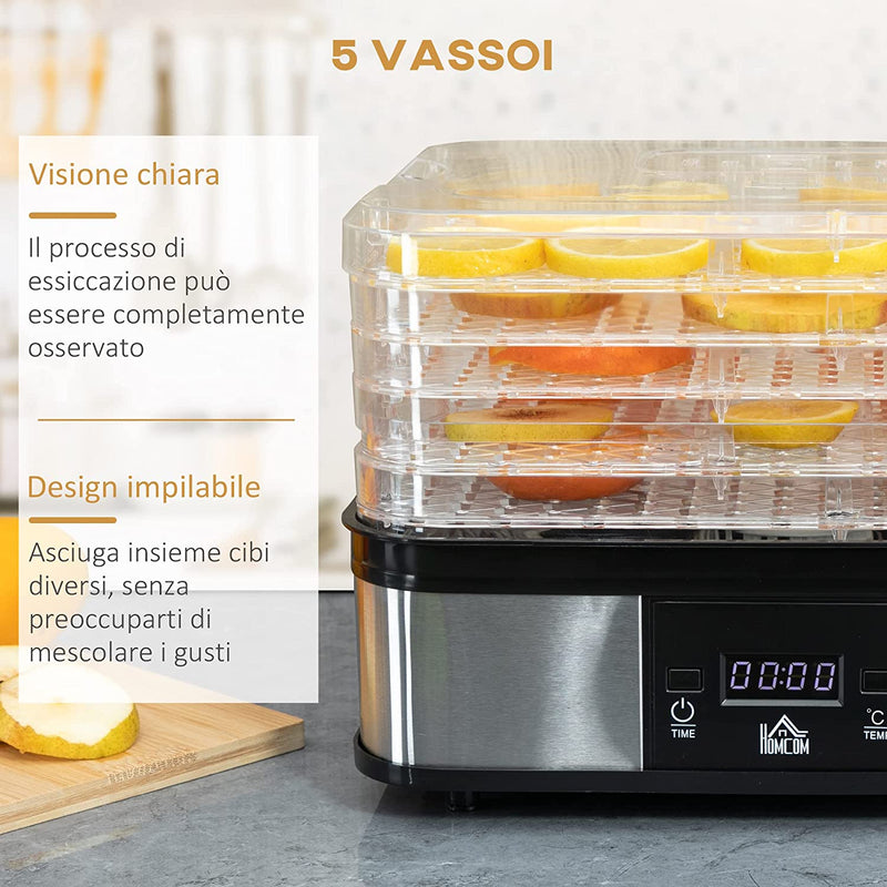 Essiccatore per Alimenti 245W a 5 Vassoi Con Monitor LCD, Timer E Controllo Temperatura, in Acciaio Inox, PS E ABS, 32X25X29Cm, Argento