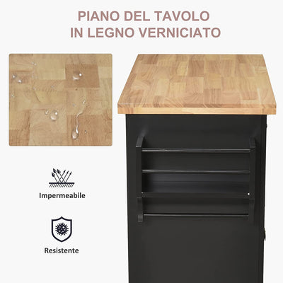 Carrello Da Cucina Portavivande Con Cassetti, Armadietti, Portaspezie E 4 Ruote, in Legno E MDF, 111X44.5X82.5 Cm, Nero