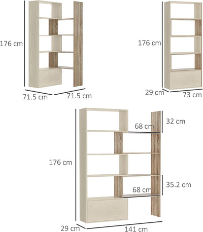 Libreria Scaffale a Ripiani Salvaspazio 2 Pezzi per Soggiorno in Legno 141 X 29 X 176 Cm Bianco, Rovere