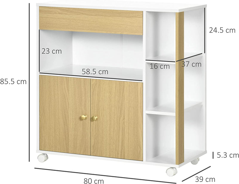 Carrello Da Cucina in Truciolato Con 4 Ripiani Aperti, Un Cassetto E Un Armadietto a 2 Ante, 80X39X85.5 Cm, Bianco E Rovere