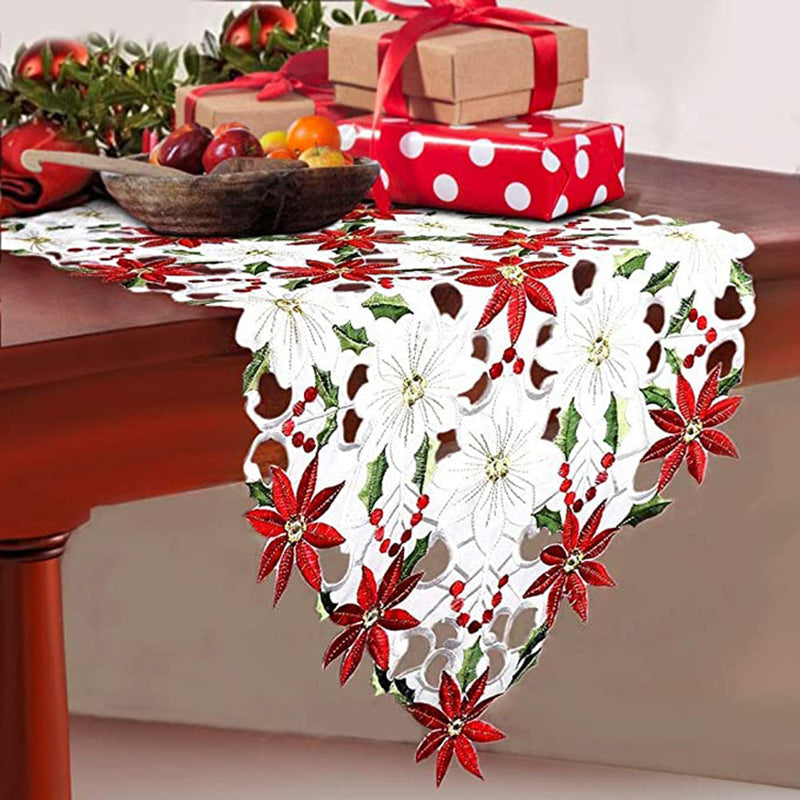 Embroidered Christmas Flower Table Runner