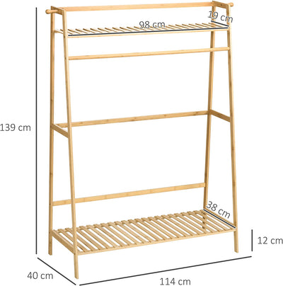 Appendiabiti Rialzato in Bambù a 2 Livelli Con Barra E 2 Ganci per Soggiorno, Ingresso E Camera Da Letto, 114X40X139 Cm, Color Legno