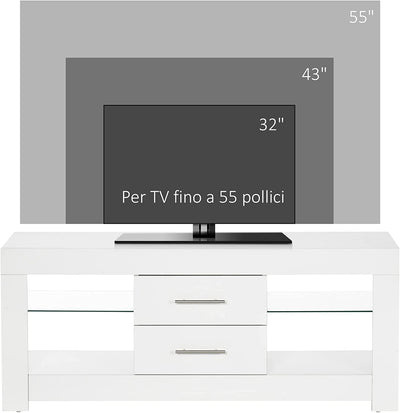 Mobile Porta TV Da 55" Con Luci LED a 12 Colori E Telecomando, Mobile Da Salotto in Legno Con Mensole in Vetro 120X40X50Cm, Bianco