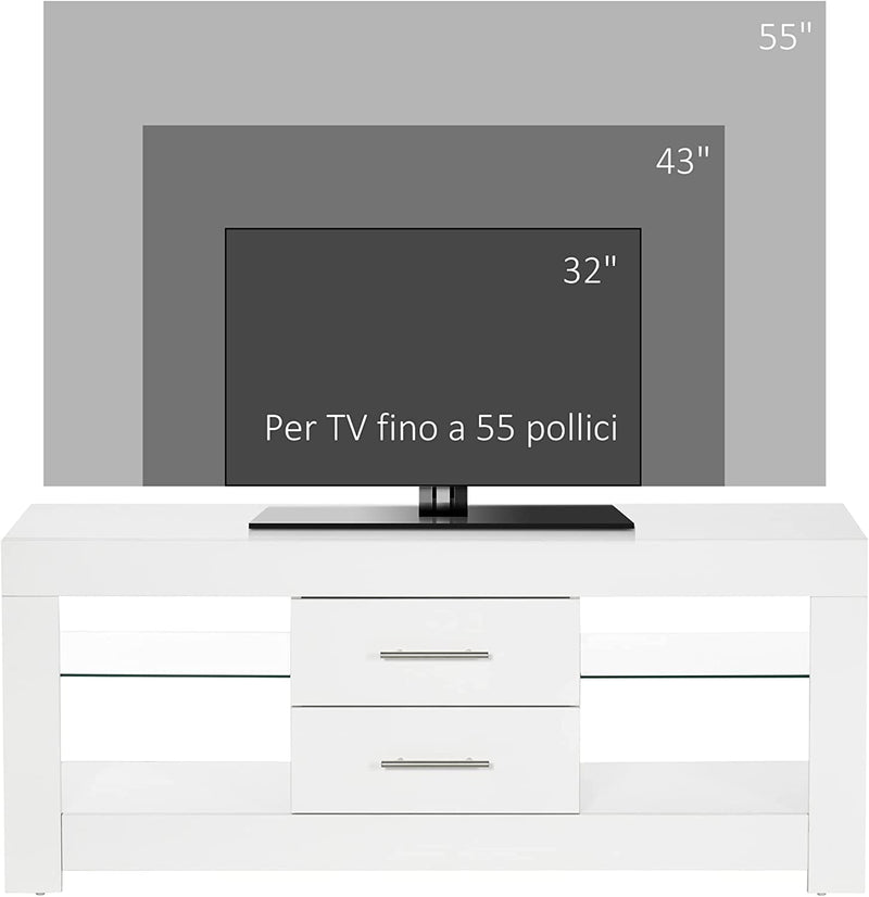 Mobile Porta TV Da 55" Con Luci LED a 12 Colori E Telecomando, Mobile Da Salotto in Legno Con Mensole in Vetro 120X40X50Cm, Bianco