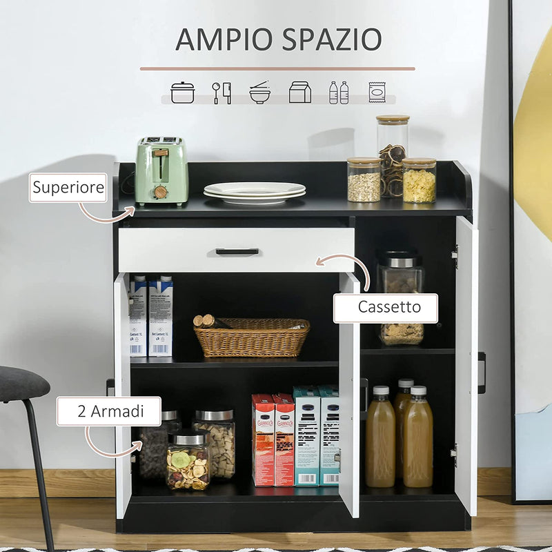 Mobiletto Da Cucina Moderno in MDF Con 2 Armadietti, 1 Cassetto E Ripiani Regolabili, 90X40X90 Cm, Bianco E Nero