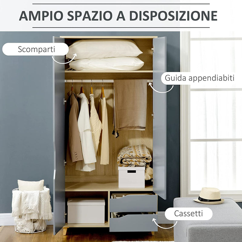 Guardaroba a 2 Ante in Truciolato E MDF Con Guida per Appendere, 3 Ripiani E 2 Cassetti per Soggiorno E Camera Da Letto, 88.9X50.1X184.5 Cm