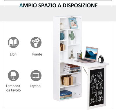 Scrivania Pieghevole Con Libreria E Lavagna per Camera E Ufficio, Tavolo Da Pranzo a Scomparsa Salvaspazio, Bianco, 98X51X153 Cm