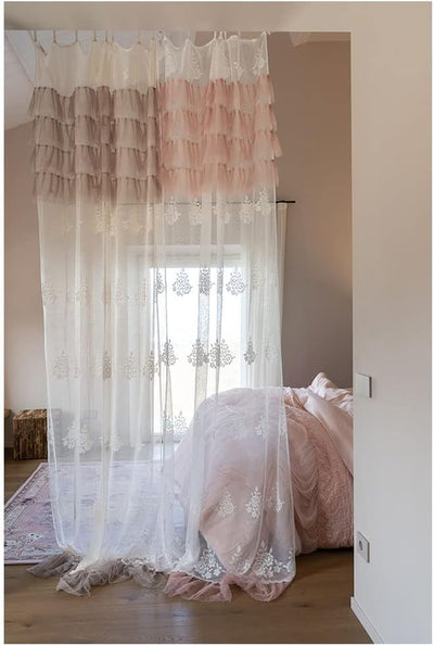 Tenda Camera Da Letto in Pizzo E Tulle, Collezione Andromeda, Shabby Chic 140X290 Cm 5 Varianti BIANCO/ROSA